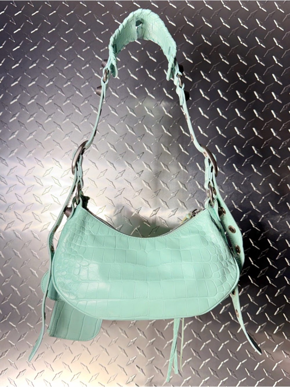 Balenciaga Supple Calfskin Croc Embossed Le Cagole Shoulder Bag in Green Aqua - Picture 2 of 11
